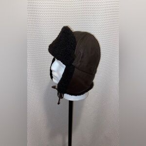 Men’s CROWNCAP dark brown shearling & leather Aviator‎ winter hat sz Medium